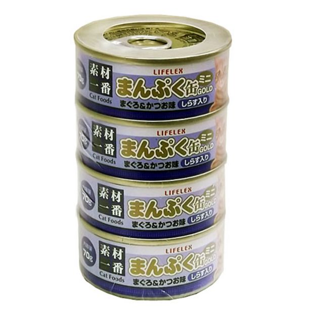 ◇ コーナン オリジナル まんぷくミニ缶ゴールド　まぐろかつお味しらす入り　ゼリータイプ ７０ｇ×４缶のオファーを￥217で